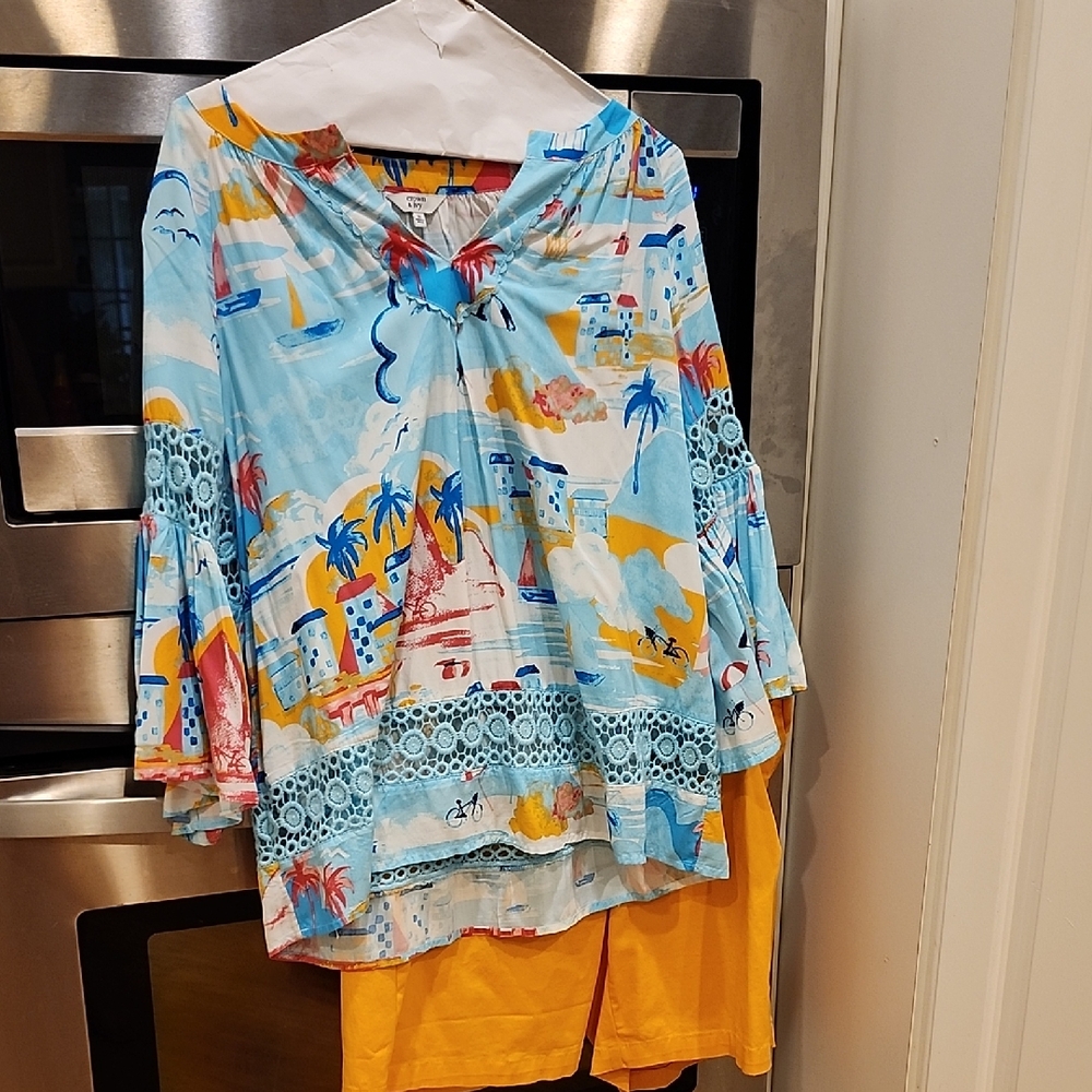 Colorful Beach Print Blouse with Lace Trim